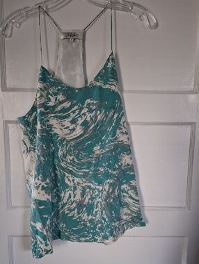 Tibi Teal and White Marble-Print Silk Cami